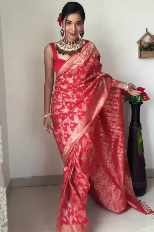 Red Banarasi Silk Saree With Rich Golden Zari Ready To Wear Saree With Unstitched Blouse - Image 6