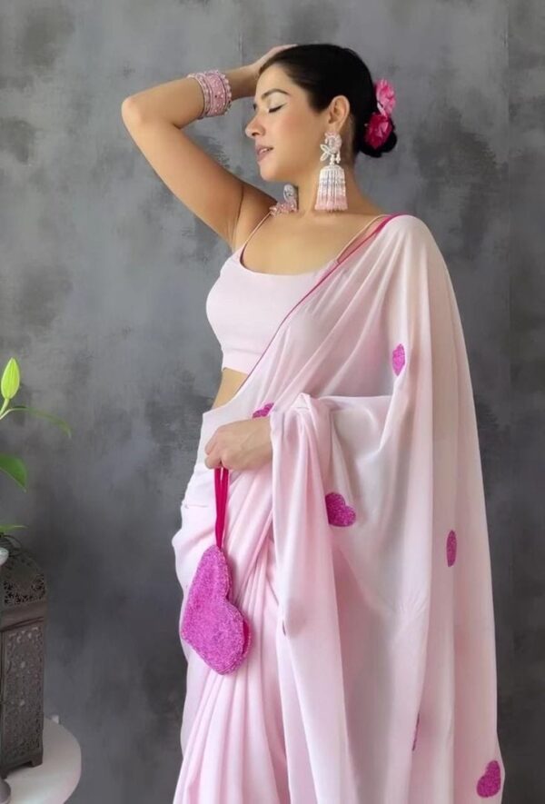 Baby Pink Heart Embellishments Georgette Ready To Wear Saree With Unstitched Blouse - Image 6