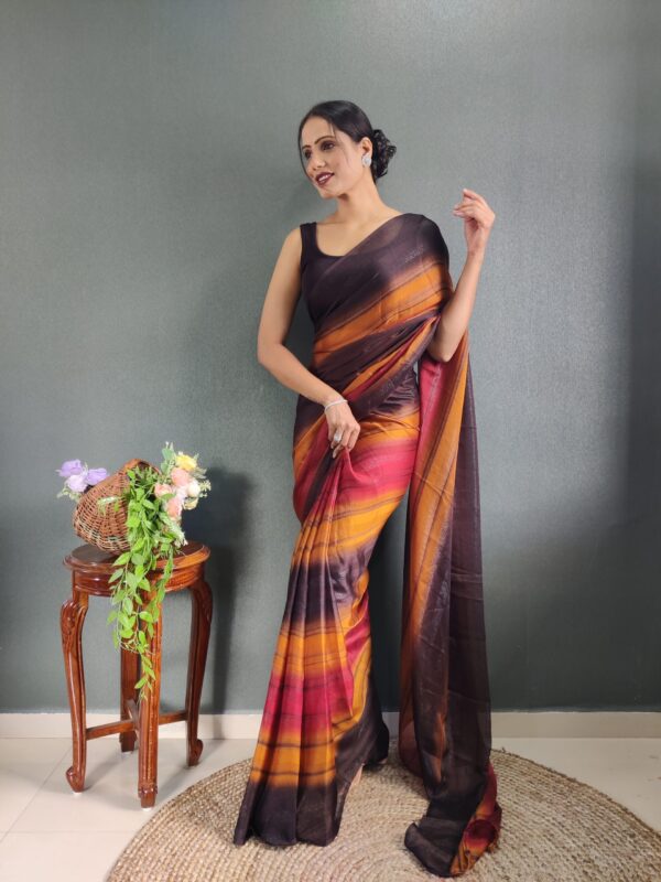 Burnt Orange, Deep Maroon Shades Georgette Soft Ombré Pattern Ready To Wear Saree With Unstitched Blouse - Image 3
