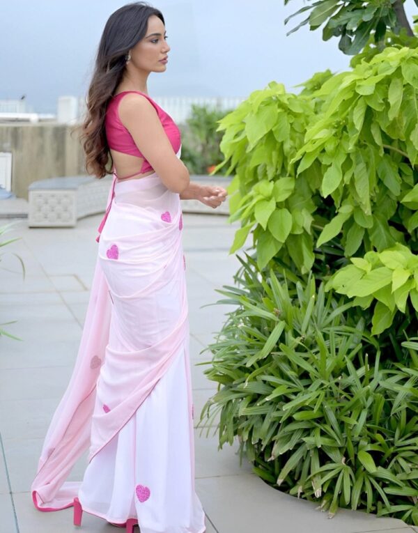 Light Pink Heart Embellishments Georgette Ready To Wear Saree With Unstitched Blouse - Image 6