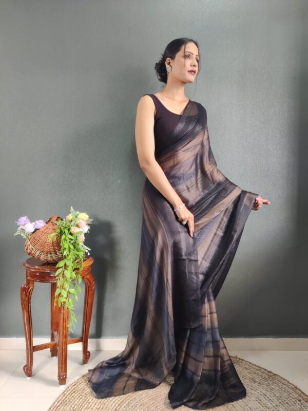 Charcoal Black And Ash Brown Shades Georgette Soft Ombré Pattern Ready To Wear Saree With Unstitched Blouse - Image 3