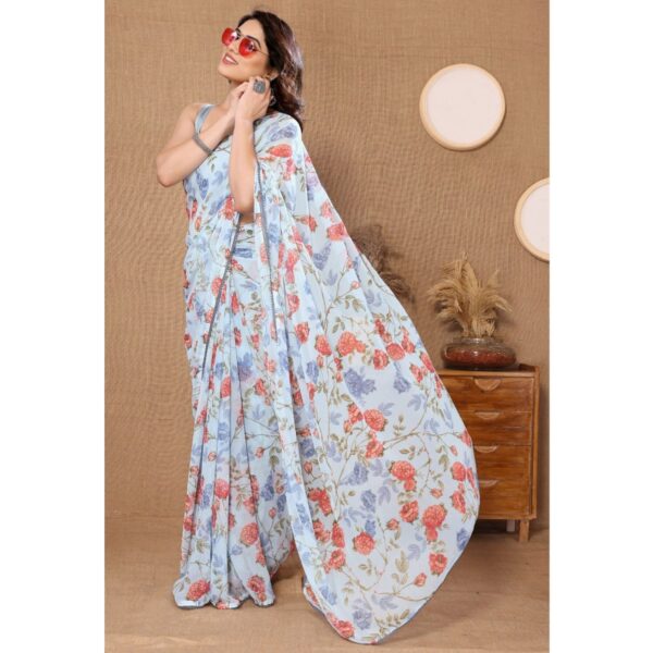 Pastel Blue Shade Floral Prints In Pink And Lavender Tones Georgette Ready To Wear Saree With Unstitched Blouse - Image 7