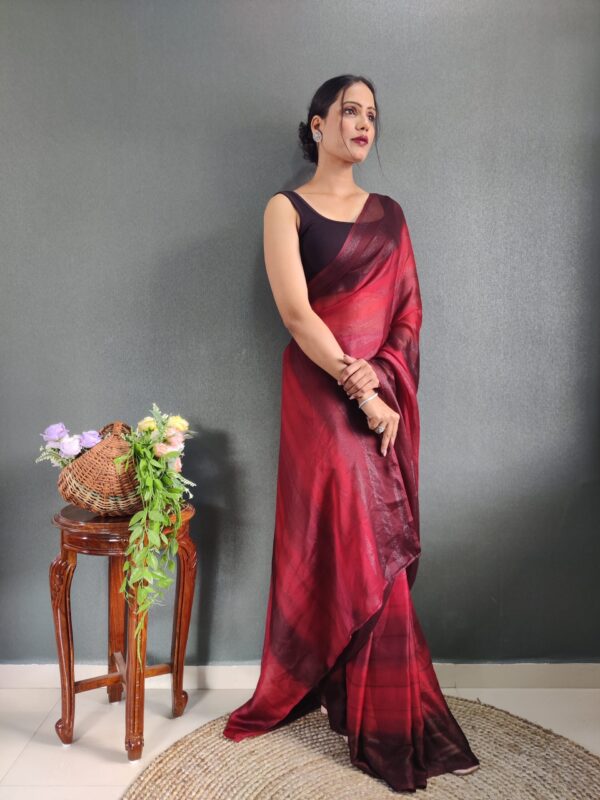 Wine Red To Deep Maroon Georgette Soft Ombré Pattern Ready To Wear Saree With Unstitched Blouse - Image 3