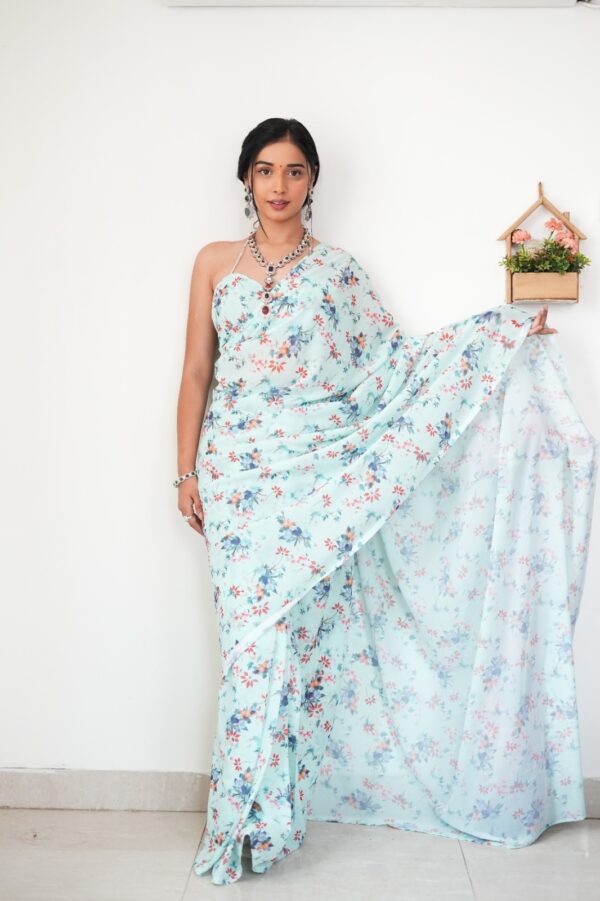 Pastel Blue With Multi-color Floral And Fan Motifs Georgette Ready To Wear Saree With Unstitched Blouse - Image 4