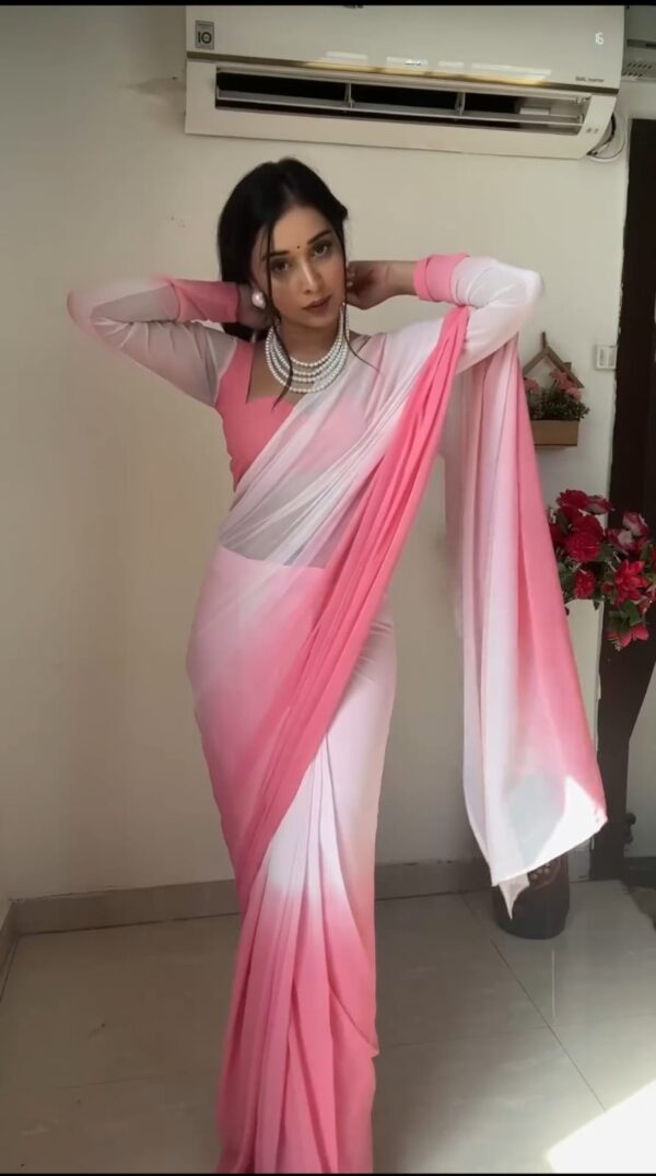 Baby Pink And White Omber Print Georgette Ready To Wear Saree With Unstitched Blouse - Image 7
