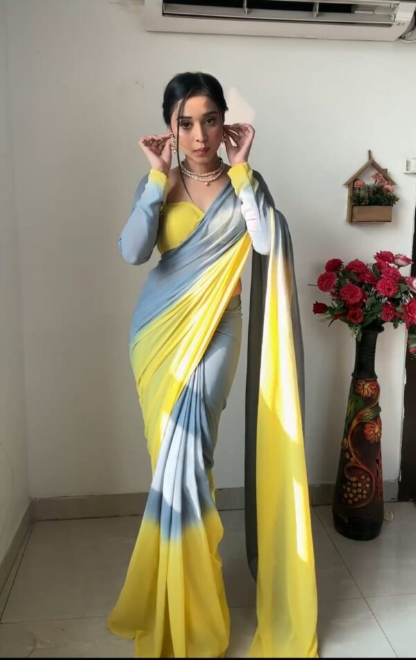 Yellow And Grey Omber paint Georgette Ready To Wear Saree With Unstitched Blouse - Image 7