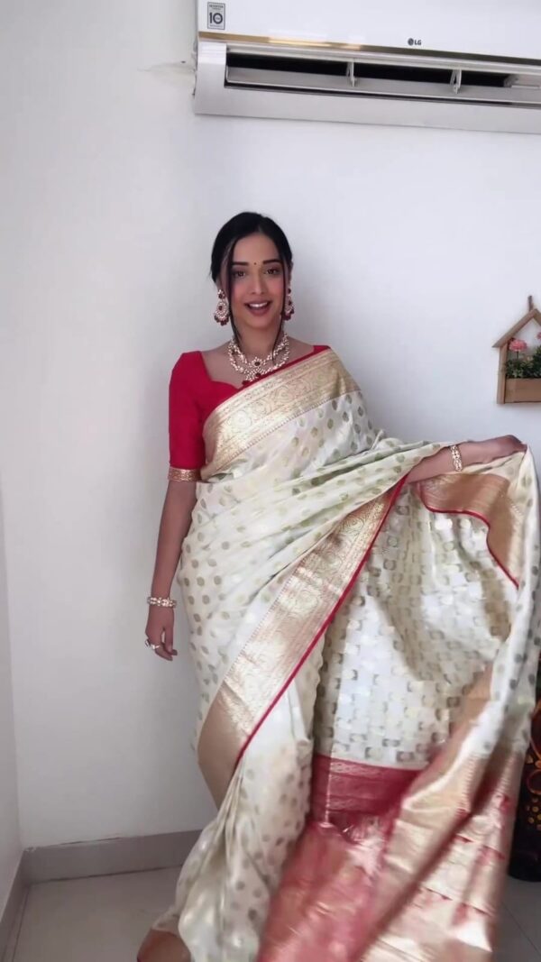 Cream Banarasi Silk Saree With Rich Golden Zari Ready To Wear Saree With Unstitched Blouse - Image 8