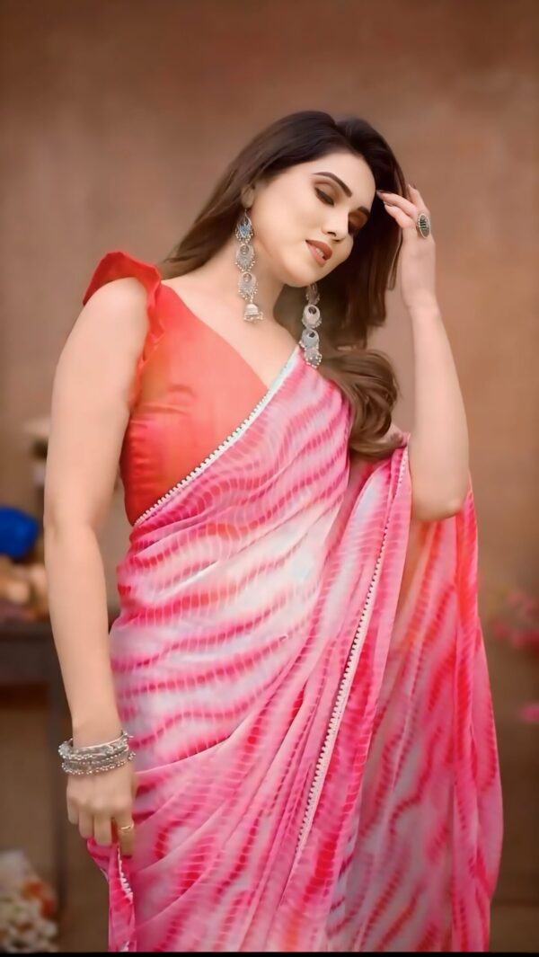 Vibrant Pink And White Shibori Tie-dye Waves Georgette Ready To Wear Saree With Unstitched Blouse - Image 4