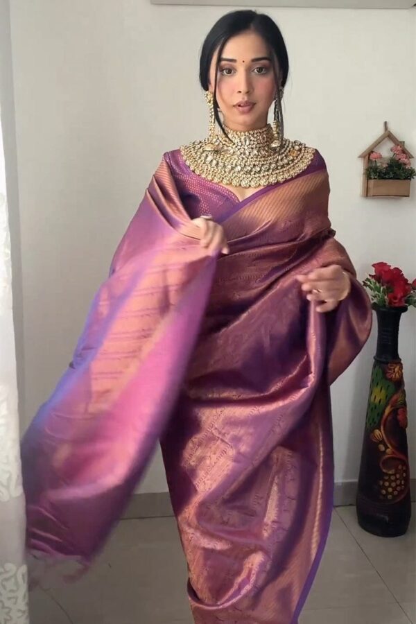 Purple Banarasi Silk Saree With Intricate Zari Work Ready To Wear Saree With Unstitched Blouse - Image 6