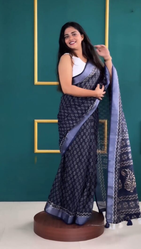 Navy Blue Color Soft Linen Handblock-inspired Geometric And Leaf Motifs Ready To Wear Saree With Unstitched Blouse - Image 3