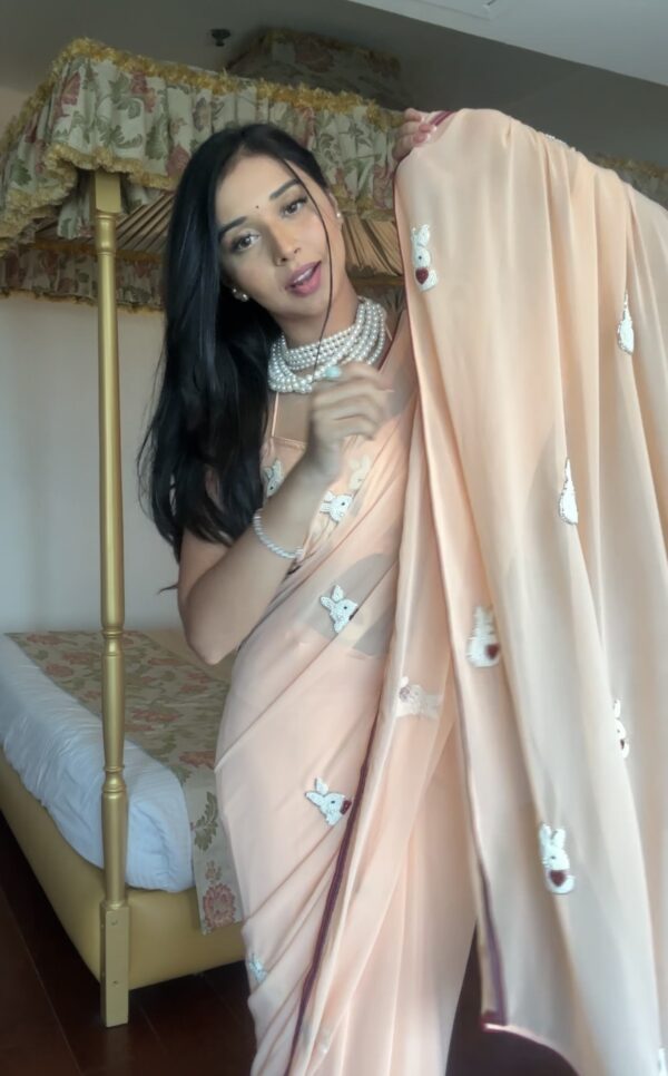 Peach Color White And Maroon Thread Embroidered Motifs Georgette Ready To Wear Saree With Unstitched Blouse - Image 4