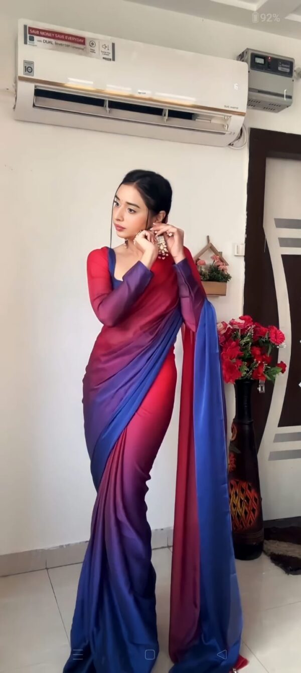 Wine Red And Royal Blue Motifs Georgette Ready To Wear Saree With Unstitched Blouse - Image 5