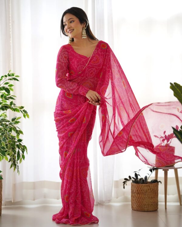 Pink Bandhani Silver Heart Embroidery Ready To Wear Saree With Unstitched Blouse - Image 3