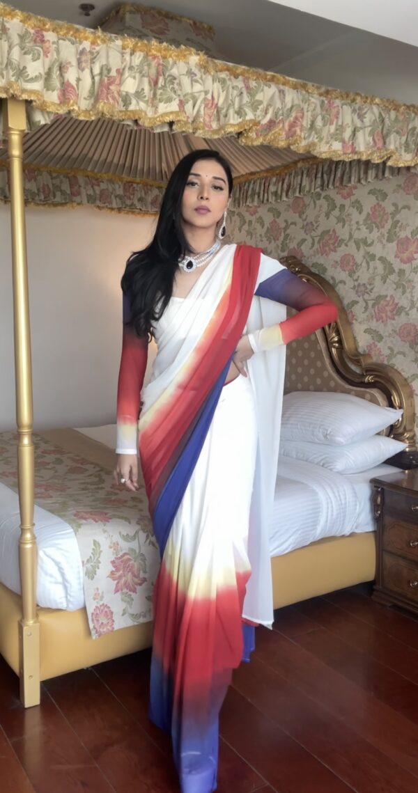 White, Red, Yellow, And Royal Blue Ombré Shades Georgette Ready To Wear Saree With Unstitched Blouse - Image 8