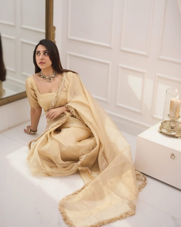 Golden & Cream Color Cotton Saree With Golden Border Ready To Wear Saree With Unstiched Blouse - Image 4