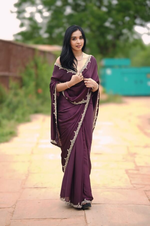 Wine-Colored Rangoli Ivory Lace Embroidery Ready To Wear Saree With Unstitched Blouse - Image 7
