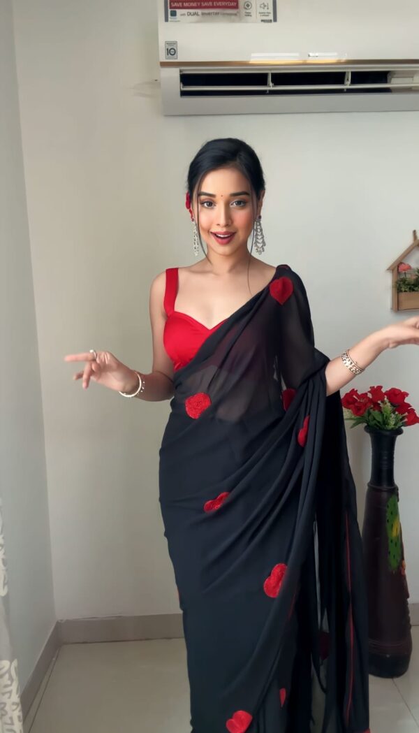 Vibrant Black Small Red Heart Motifs Georgette Ready To Wear Saree With Unstitched Blouse - Image 6