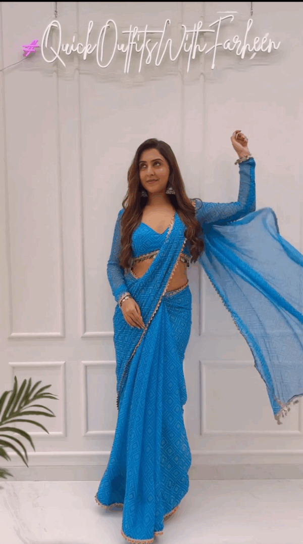 Blue Georgette Bandhani-style Geometric Print Ready To Wear Saree With Unstitched Blouse - Image 4
