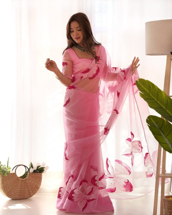 Pink Organza Saree With Bold Floral Prints Ready To Wear Saree With Unstitched Blouse - Image 4