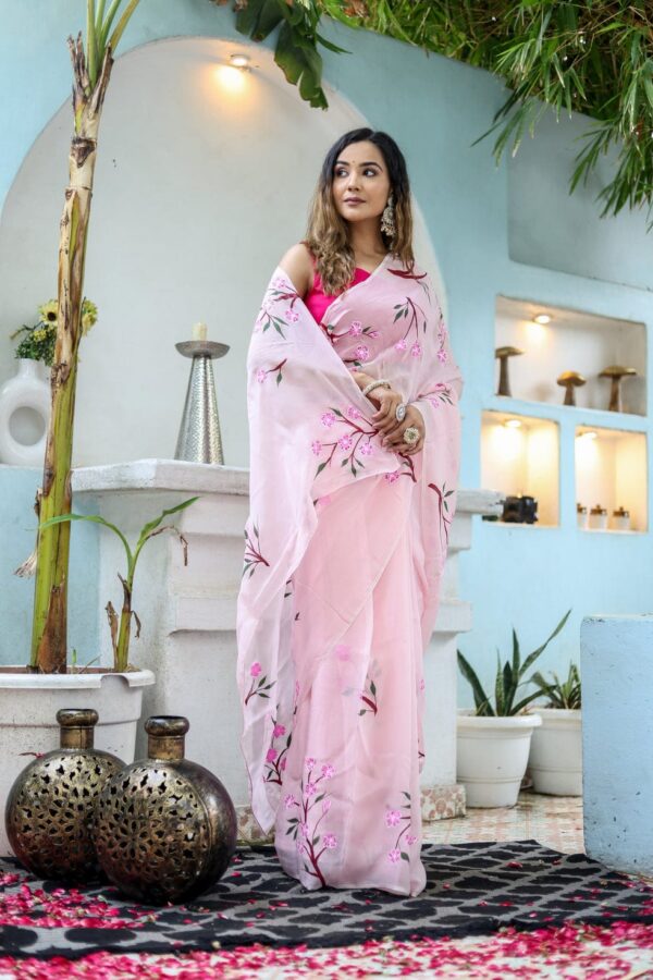 Pink Georgette Ready To Wear Saree With Designer Unstitched Blouse - Image 6