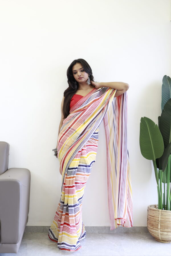 Multi-colored Striped Pattern Georgette Ready To Wear Saree With Unstitched Blouse - Image 3