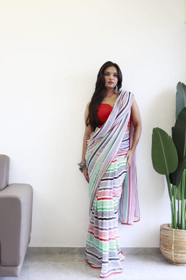 Multi-colored Striped Pattern Georgette Ready To Wear Saree With Unstitched Blouse - Image 3