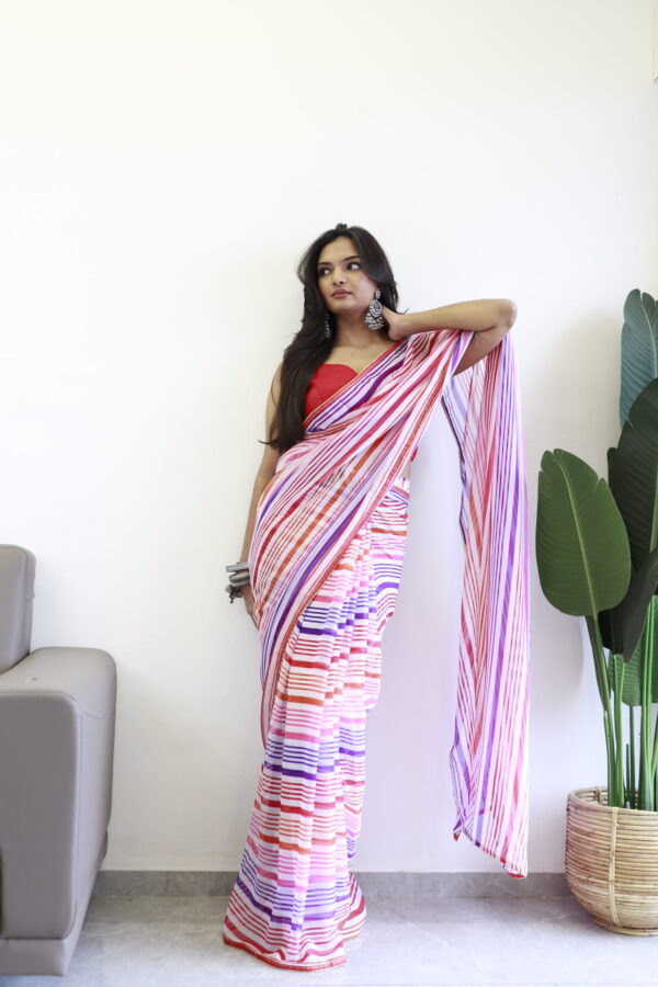 Multi-colored Striped Pattern Georgette Ready To Wear Saree With Unstitched Blouse - Image 3