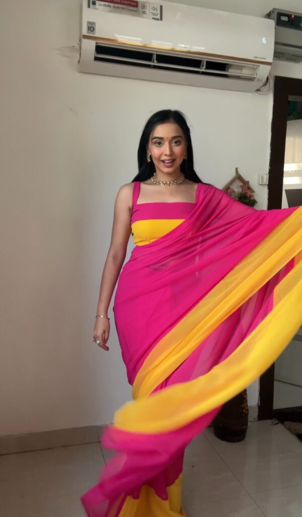 Bright Pink And Yellow Ombré Shades Georgette Ready To Wear Saree With Unstitched Blouse - Image 7