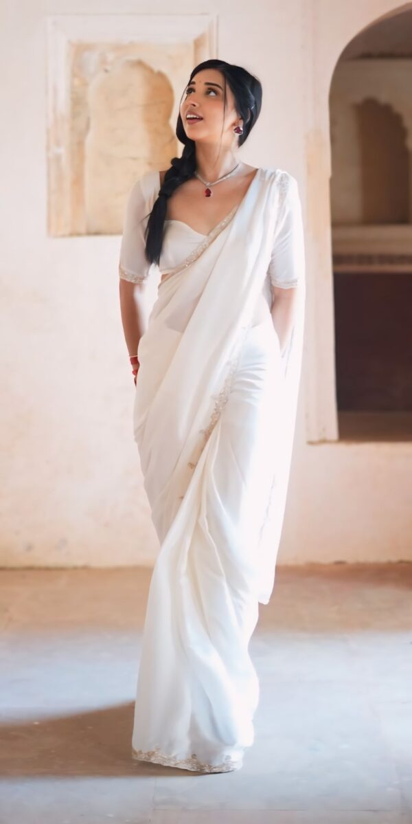 Pure White Rangoli Ivory Lace Embroidery Ready To Wear Saree With Unstitched Blouse - Image 4
