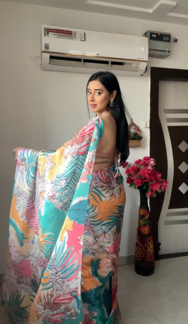 Sky Blue Multicolor Floral And Tropical Print Georgette Ready To Wear Saree With Unstitched Blouse - Image 6