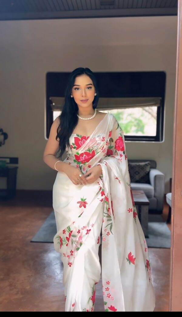 White Red And Pink Floral Prints Organza Ready To Wear Saree With Unstitched Blouse - Image 6