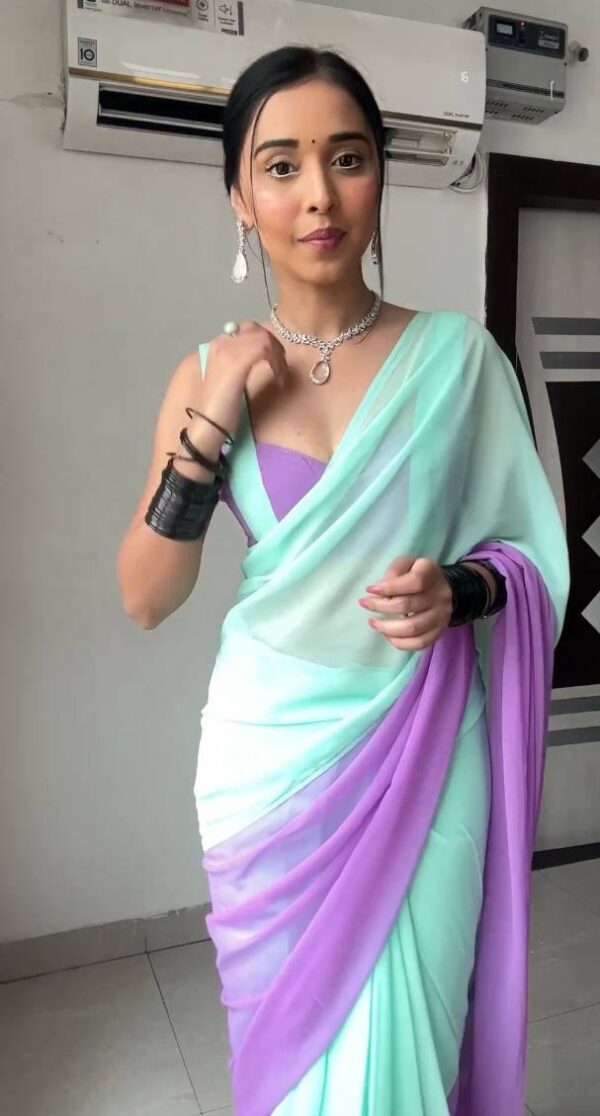 Mint Green And Lavender Omber Pattern Georgette Ready To Wear Saree With Unstitched Blouse - Image 6