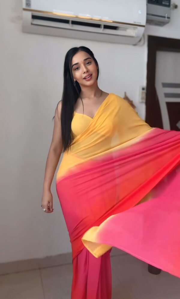 Yellow-to-pink Ombre Gradient Georgette Ready To Wear Saree With Unstitched Blouse - Image 5