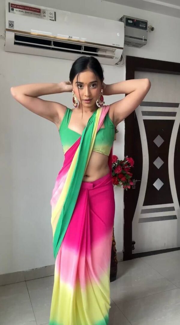 Pink, Yellow, And Green Omber Pattern Georgette Ready To Wear Saree With Unstitched Blouse - Image 5