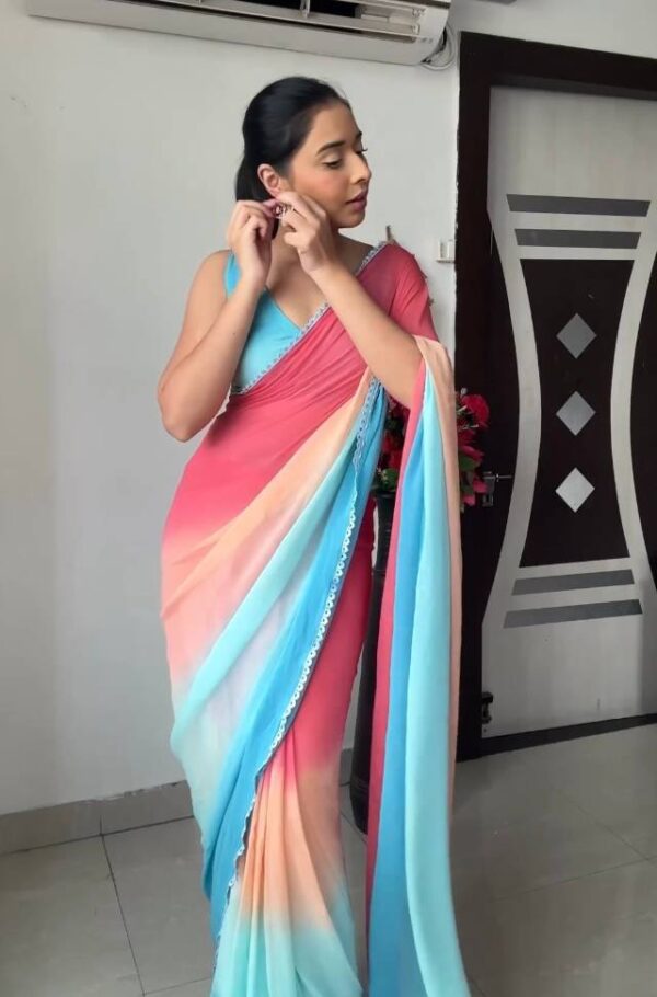 Pink, Olive Green, Aqua Blue, And Purple Omber Pattern Georgette Ready To Wear Saree With Unstitched Blouse - Image 7