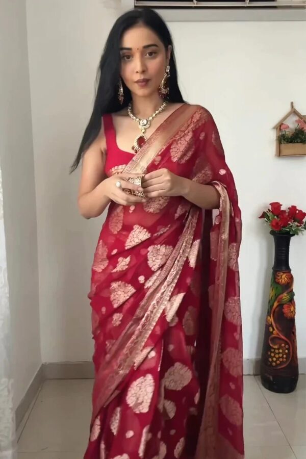 Maroon-red Hue banarasi silver zari motifs saree Ready To Wear Saree With Unstitched Blouse - Image 6