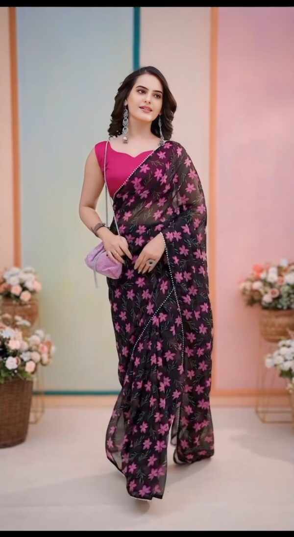 Black ink Floral Prints And Border Georgette Ready To Wear Saree With Unstitched Blouse - Image 6