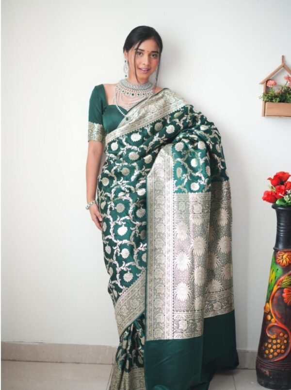 Bottle Green Shade Banarasi Silver Zari Floral Saree Ready To Wear Saree With Unstitched Blouse - Image 5