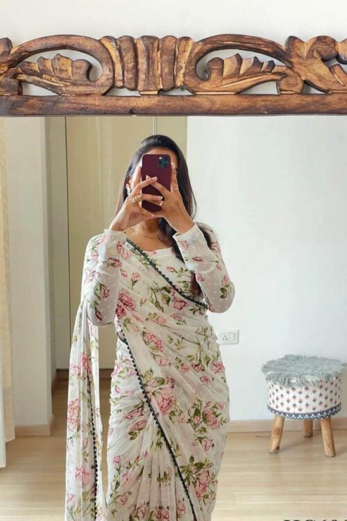 White,Pink And Green Floral Print Georgette Ready To Wear Saree With Unstitched Blouse