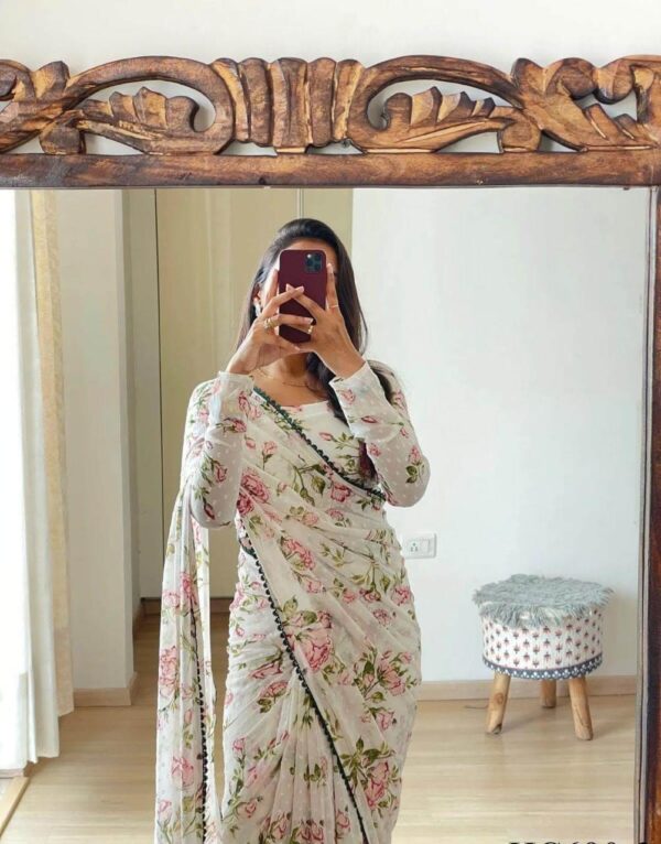 White,Pink And Green Floral Print Georgette Ready To Wear Saree With Unstitched Blouse