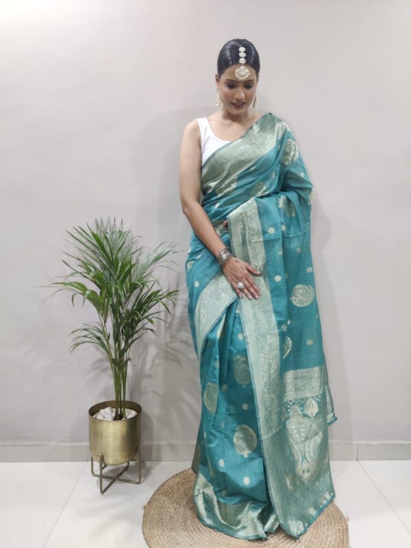 Teal Green Banarasi Silk Silver Zari Weaving And Traditional Motifs Ready To Wear Saree With Unstitched Blouse - Image 5