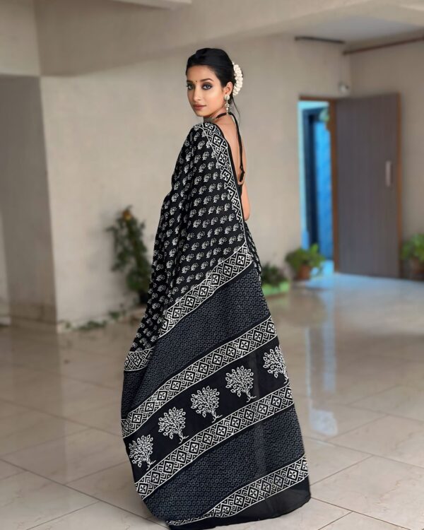 Soft Linen Black Color Ajrakh Block Print Ready To Wear Saree With Unstitched Blouse - Image 4