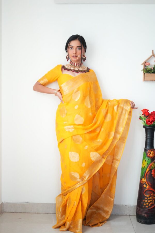 Yellow  Banarasi Silk Silver Zari Weaving And Traditional Motifs Ready To Wear Saree With Unstitched Blouse - Image 3