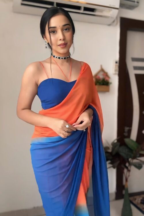Orange and Blue Georgette ombre design Ready To Wear Saree With Unstitched Blouse