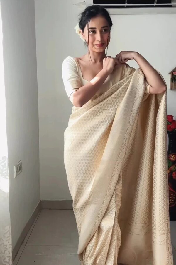 Cream Color Banarasi Silk Silver Zari Weaving And Traditional Motifs Ready To Wear Saree With Unstitched Blouse - Image 6