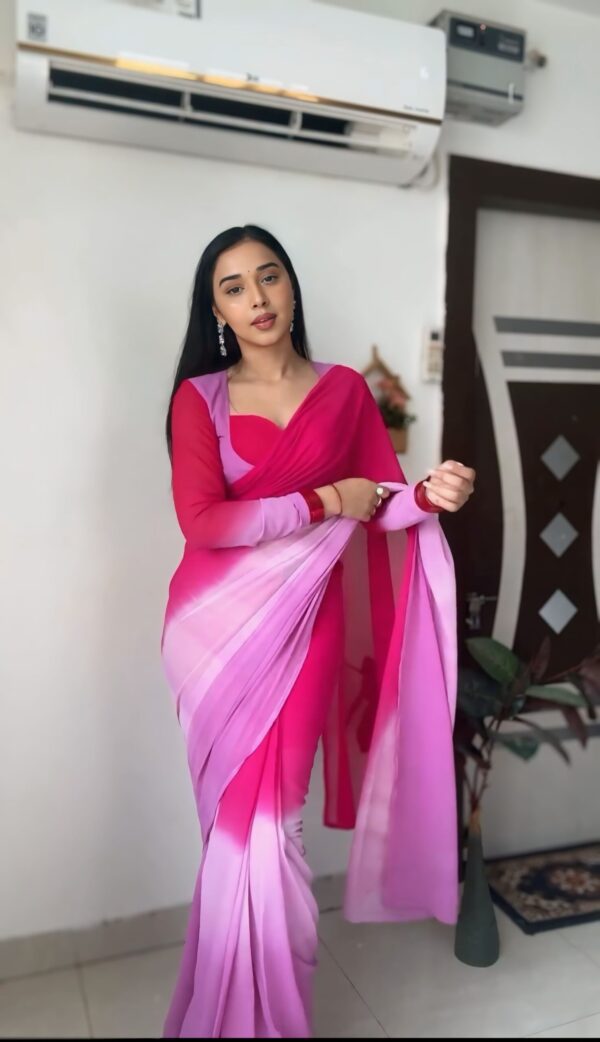 Pink To Lavender Georgette ombre design Ready To Wear Saree With Unstitched Blouse - Image 4