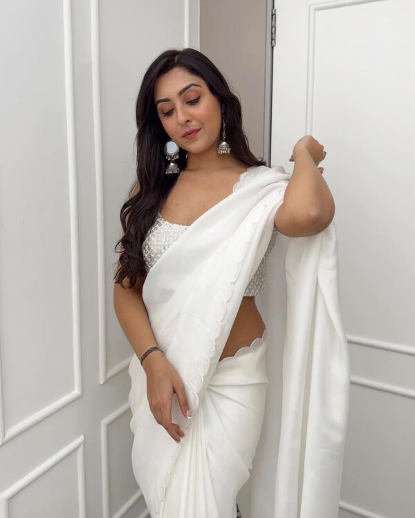 White Rangoli Silk With Scalloped Borders Ready To Wear Saree With Unstitched Sequin-Embroidered Blouse - Image 4