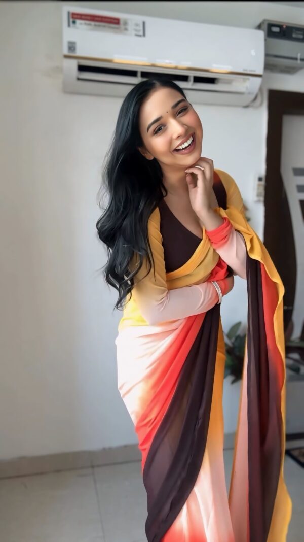 Yellow, Red, Peach, And Brown Shades Georgette ombre design Ready To Wear Saree With Unstitched Blouse - Image 7