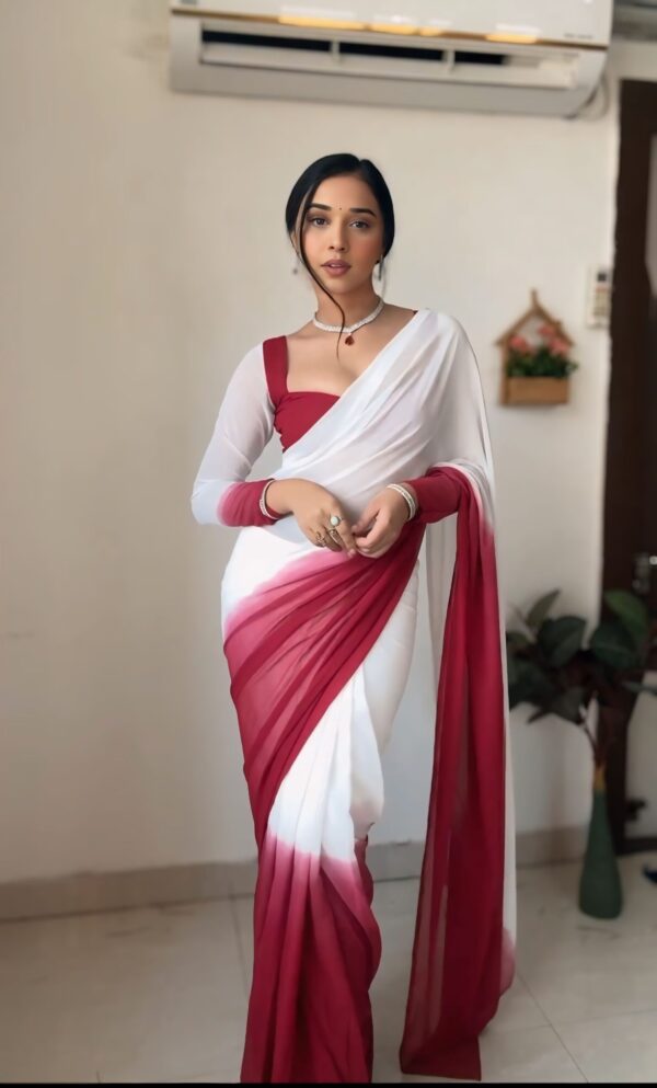 Deep Red And White Georgette ombre design Ready To Wear Saree With Unstitched Blouse - Image 7