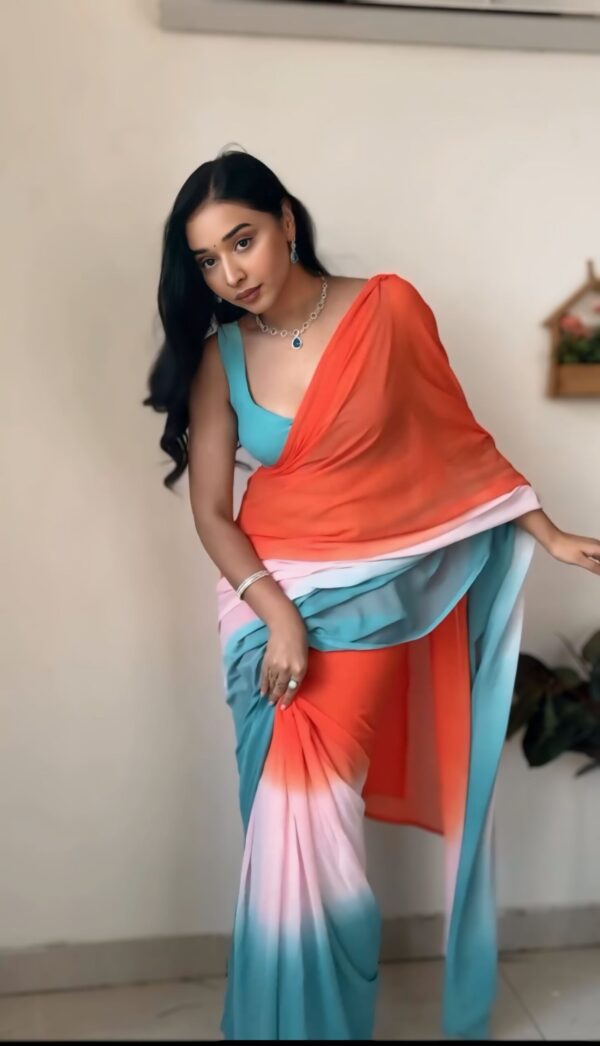 Aqua Blue, Coral Orange, And Soft White Georgette ombre design Ready To Wear Saree With Unstitched Blouse - Image 6